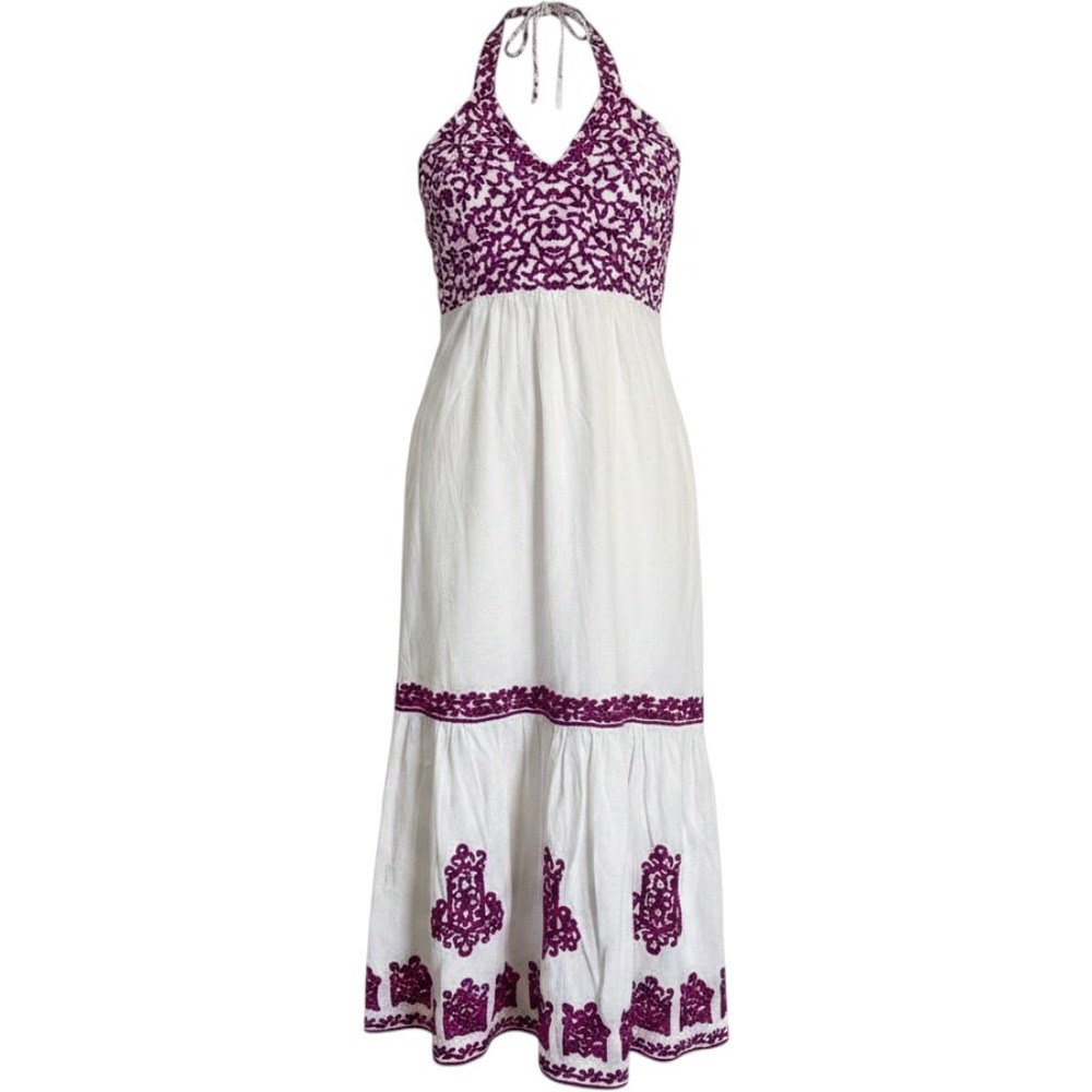 Antropologie Womens Manuela White Purple Cotton Embroidered Halter Dress Size 12